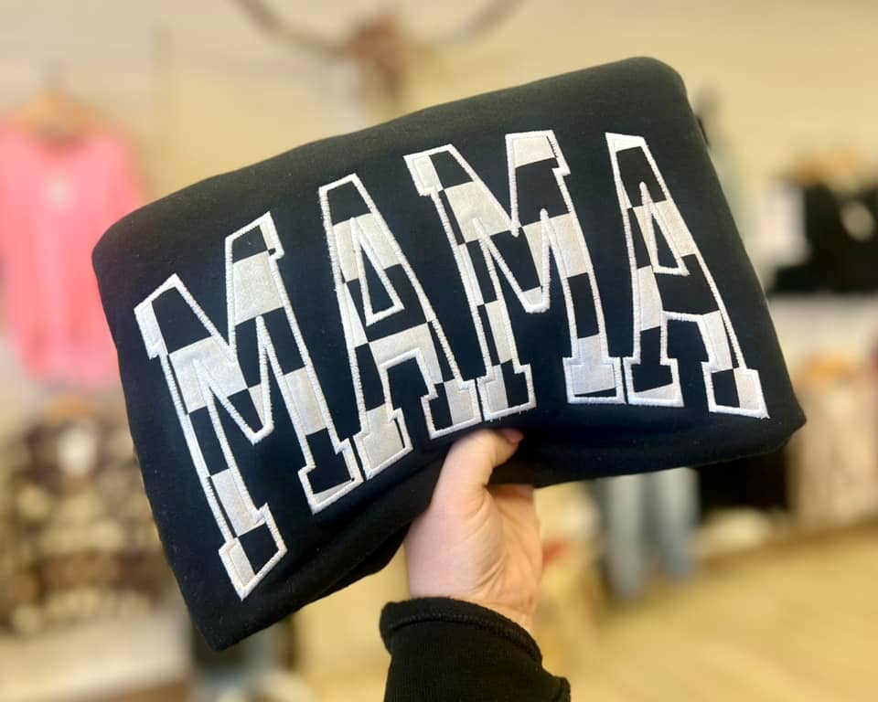 Checkered Mama Applique on Black Crewneck