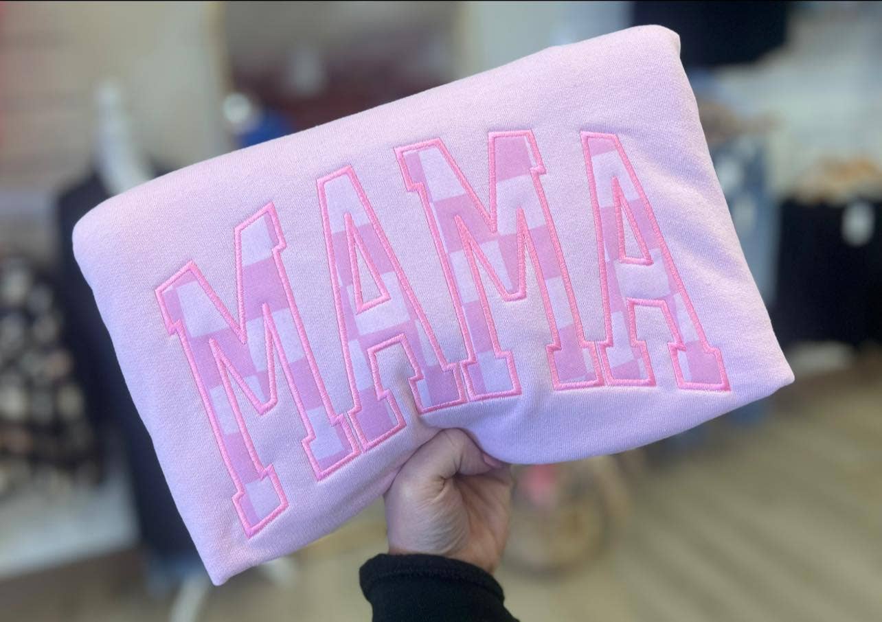 Pink Checkered Mama Applique on Pink Crewneck