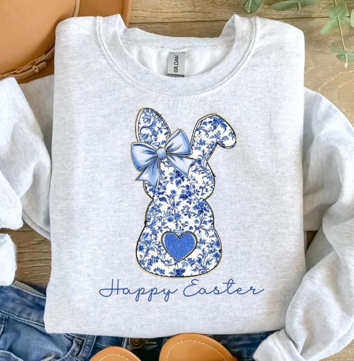 Happy Easter Blue Floral Bunny Sweatshirt