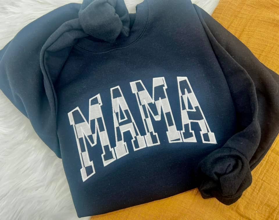 Checkered Mama Applique on Black Crewneck