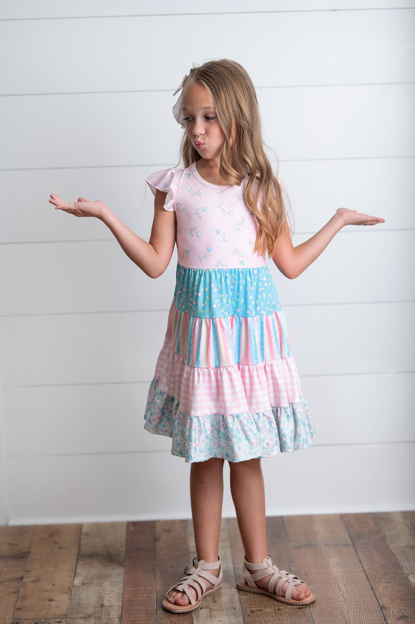 Girls Ava Twirl Light Pink Floral Check Tiered Spring Dress