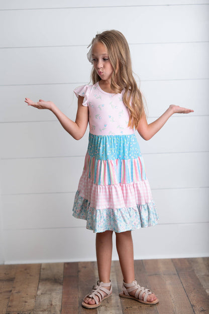 Girls Ava Twirl Light Pink Floral Check Tiered Spring Dress