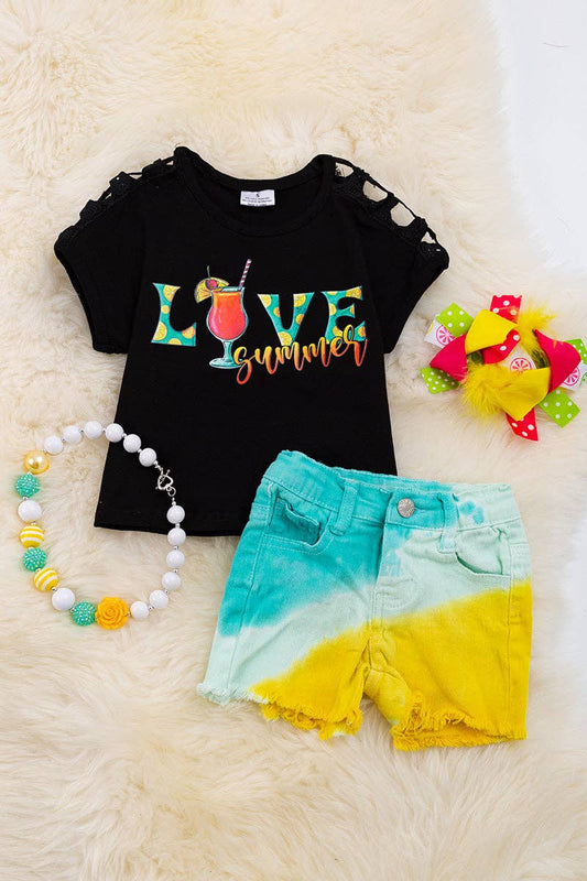 Love Summer🍹Black embroidered sleeve & tie dye denim shorts.