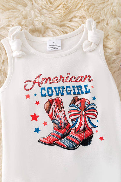"American Cowgirl" white tank top & distressed denim shorts. OFG50583 SOL