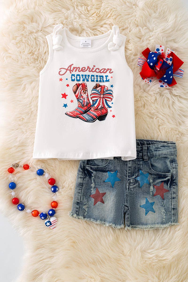 "American Cowgirl" white tank top & distressed denim shorts. OFG50583 SOL