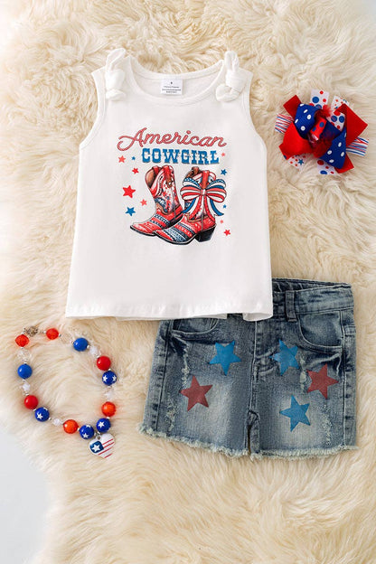"American Cowgirl" white tank top & distressed denim shorts. OFG50583 SOL