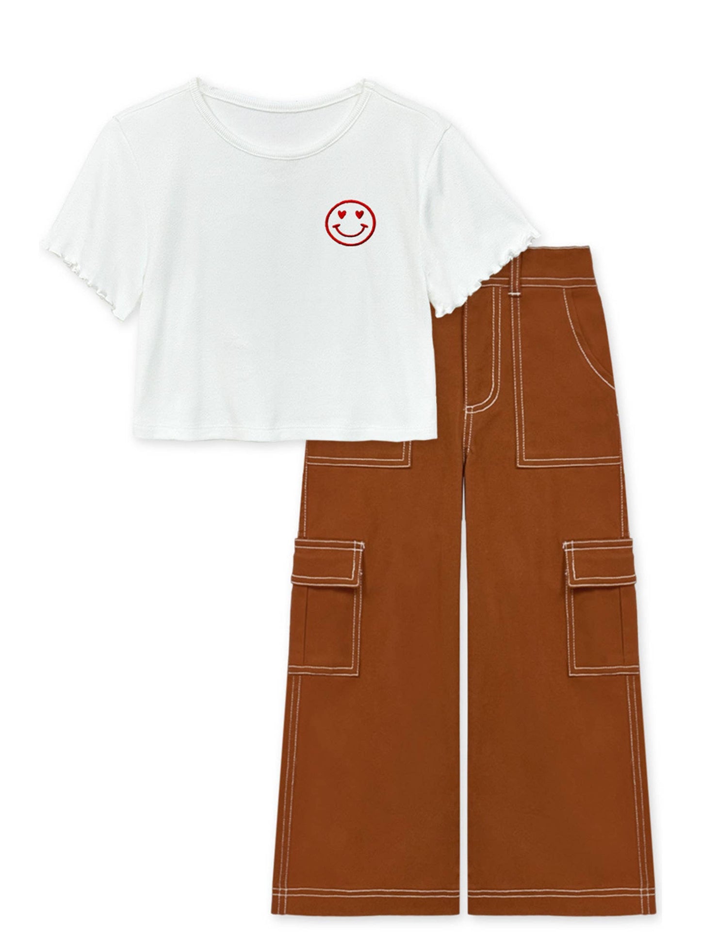 GKSS-Y24-3601B Girl's 2 pc Top & Pant Set w/ Happy Face Emb