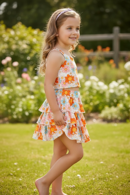Orange floral printed crop top & ruffle skort. OFG60140 SOL