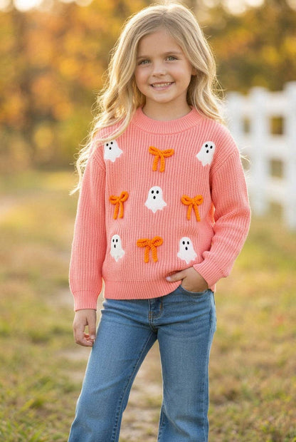 Ghost applique and orange embroidered bow on Coral knitted sweater.