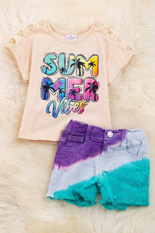 Summer Vibes cream embroidered sleeve & tie dye denim shorts.