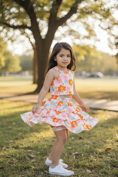 Orange floral printed crop top & ruffle skort. OFG60140 SOL
