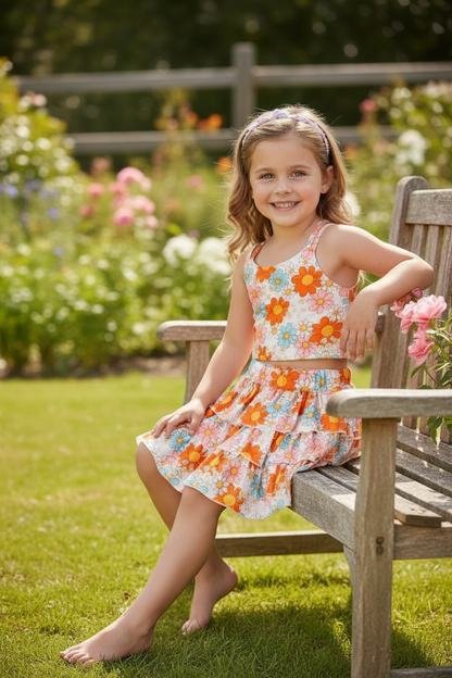 Orange floral printed crop top & ruffle skort. OFG60140 SOL