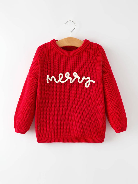 Red Christmas Girls “merry” Pullover Sweater