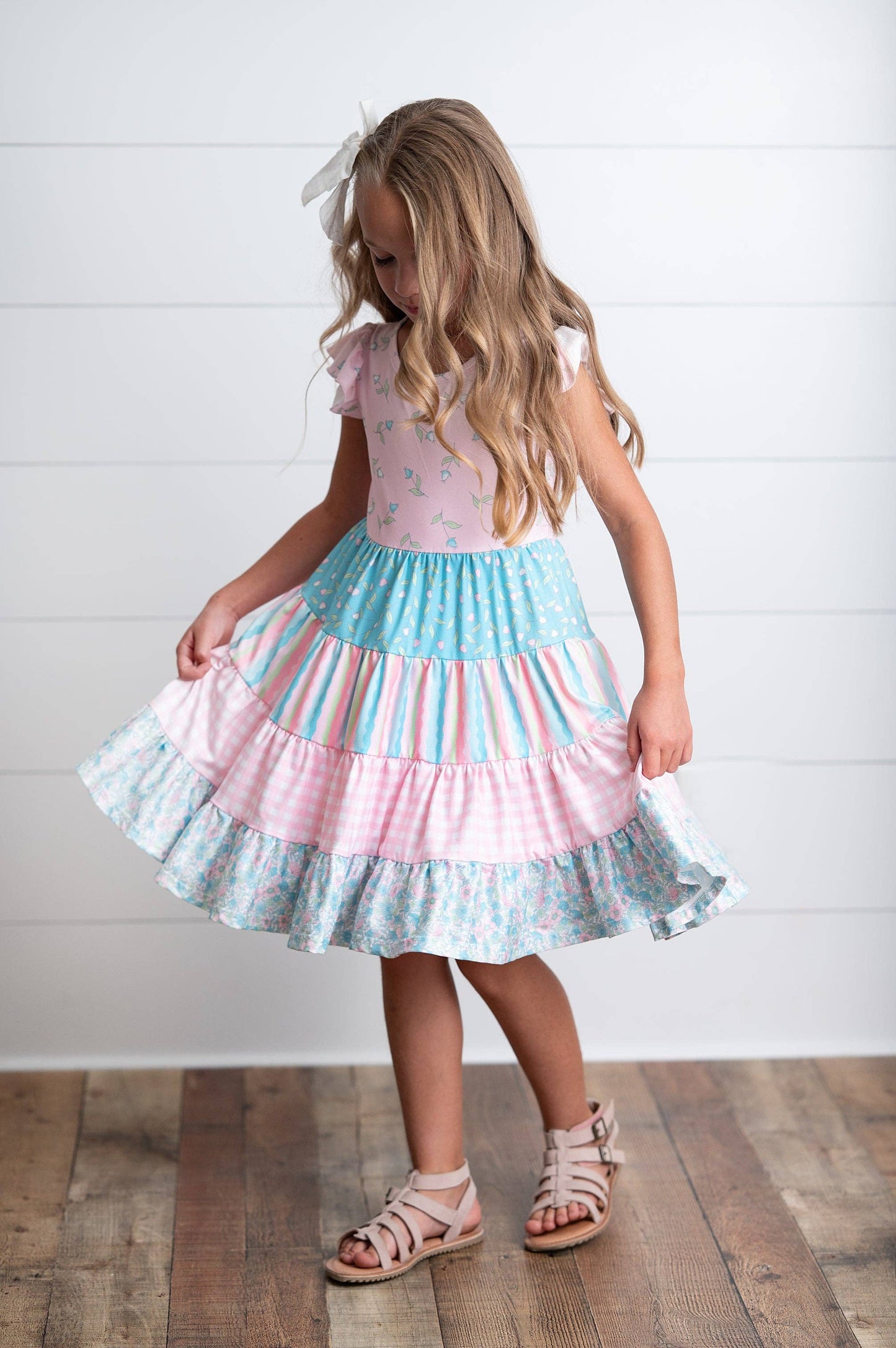 Girls Ava Twirl Light Pink Floral Check Tiered Spring Dress