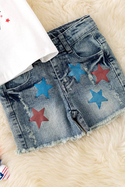 "American Cowgirl" white tank top & distressed denim shorts. OFG50583 SOL