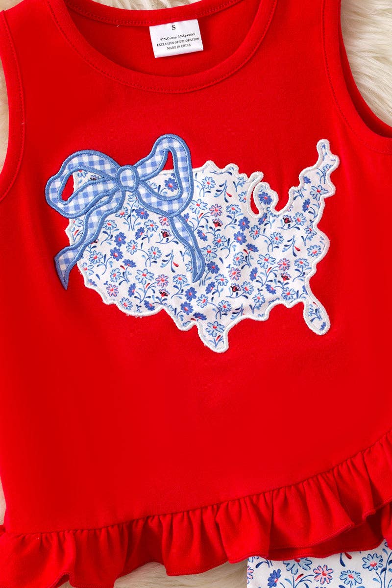USA" Floral applique on red ruffle top & floral shorts. OFG60456 JEAN