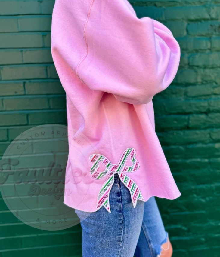 *PRE-ORDER - closes 11/10*     Side bow sweatshirt w/monogram or Merry applique options - Round 2, ready middle of December