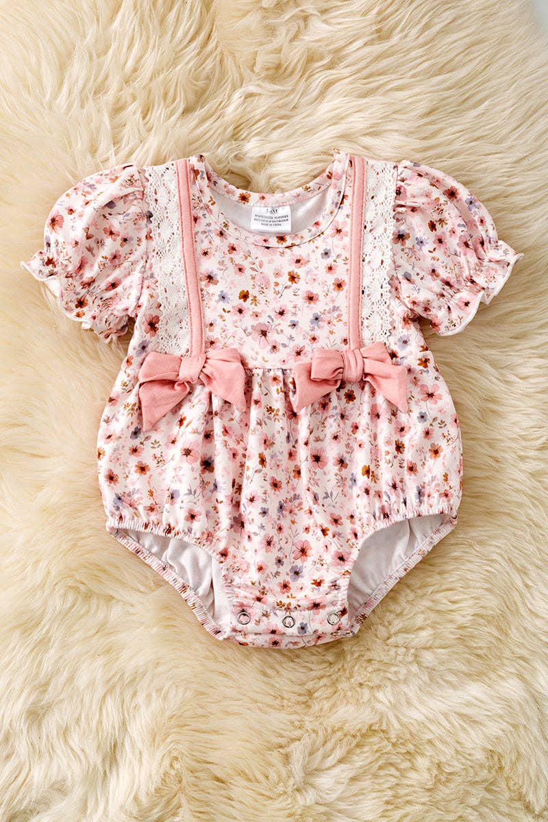 Multi-Color Ditsy floral baby romper with front bows & embroidery details. RPG61173 AMY