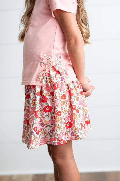 Girls Peach Floral Bow Spring Summer Skort Set