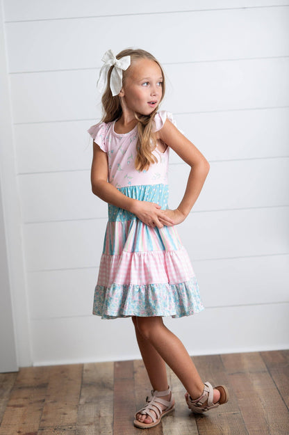 Girls Ava Twirl Light Pink Floral Check Tiered Spring Dress