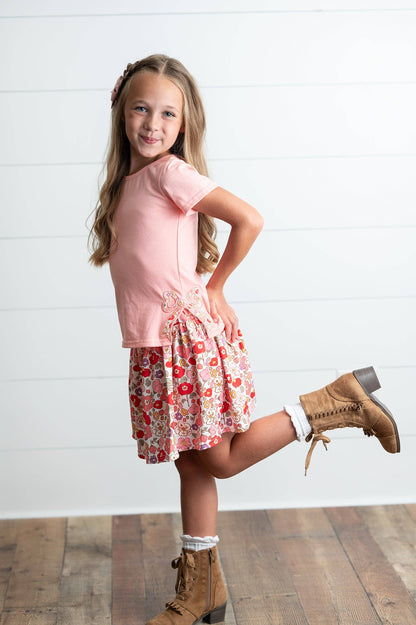 Girls Peach Floral Bow Spring Summer Skort Set