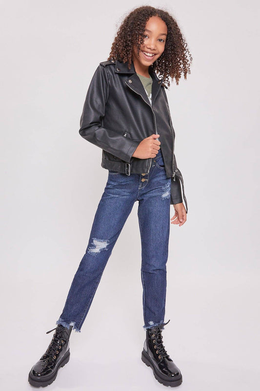 Girls High-Rise Exposed Button Straight Leg Jean
