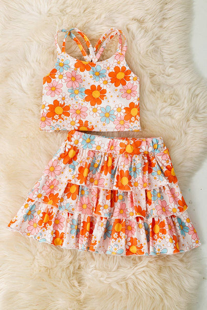 Orange floral printed crop top & ruffle skort. OFG60140 SOL