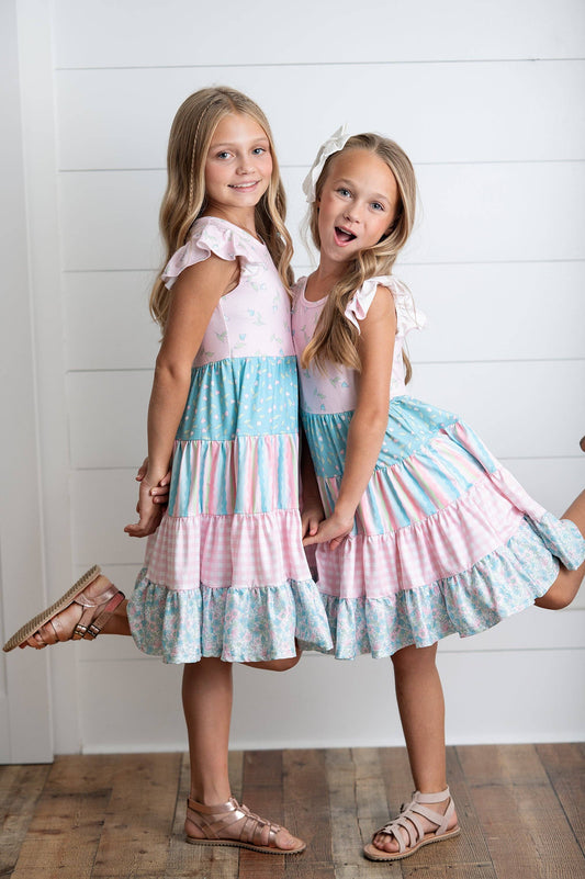 Girls Ava Twirl Light Pink Floral Check Tiered Spring Dress