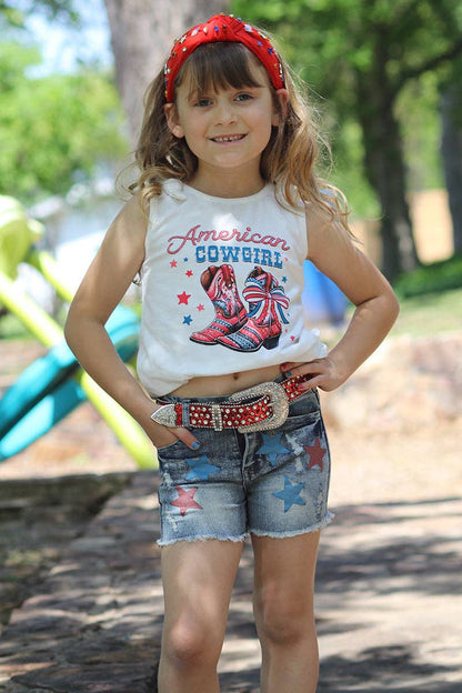 "American Cowgirl" white tank top & distressed denim shorts. OFG50583 SOL