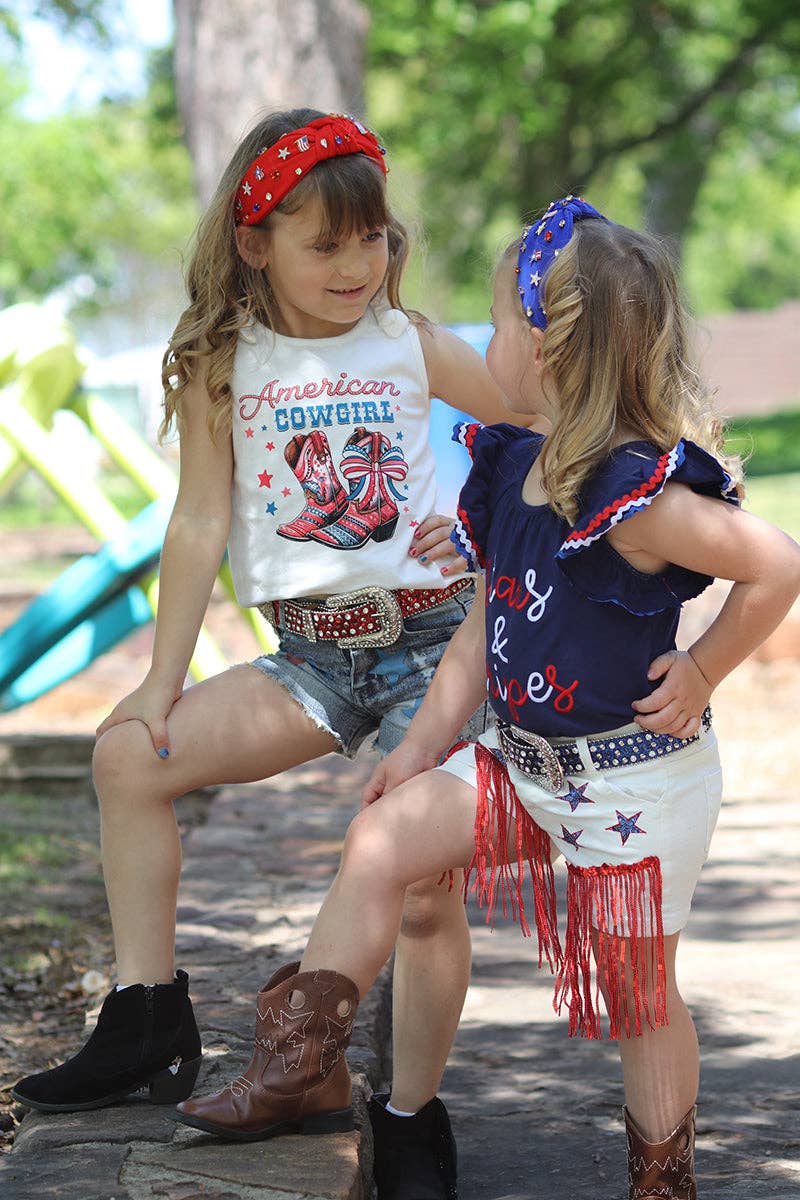 "American Cowgirl" white tank top & distressed denim shorts. OFG50583 SOL