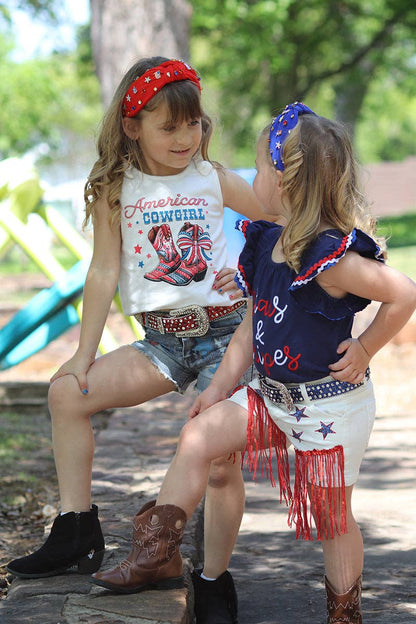 "American Cowgirl" white tank top & distressed denim shorts. OFG50583 SOL