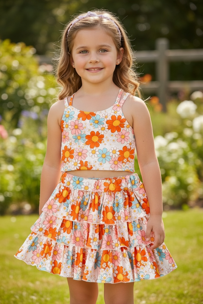 Orange floral printed crop top & ruffle skort. OFG60140 SOL