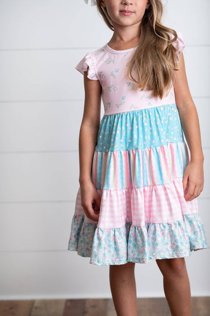 Girls Ava Twirl Light Pink Floral Check Tiered Spring Dress