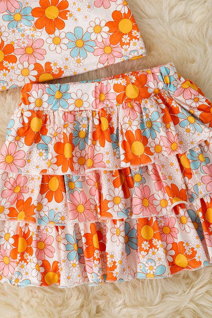 Orange floral printed crop top & ruffle skort. OFG60140 SOL